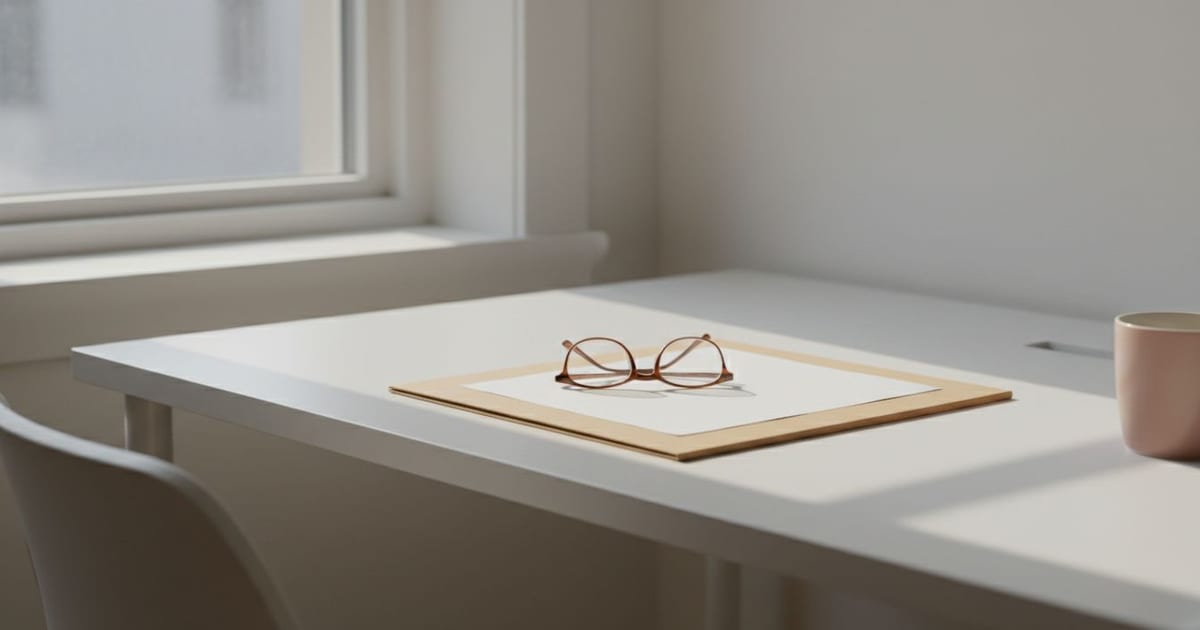 A closed plain folder, reading glasses and a rose cup on a tidy white desk beside a window.
