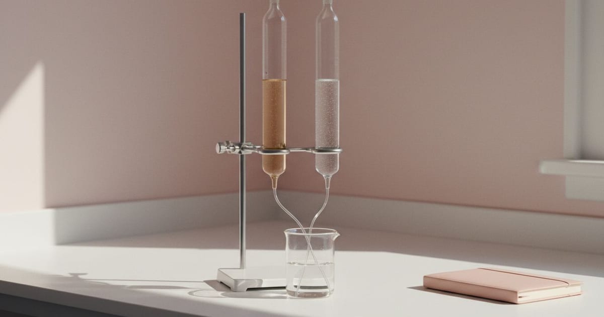 Two matched clear glass columns clamped upright on a white bench with tubing running to beakers.