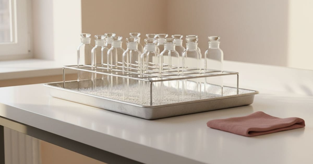 A rack of clear stoppered glass bottles on a frosted steel tray on a bright white bench.