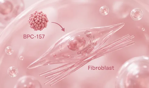 Stylized illustration of a long spindle-shaped cell with a round nucleus, tagged Fibroblast, laying a bundle of parallel fibres beside itself, with a beaded round molecule labelled BPC-157 approaching along a curved arrow.