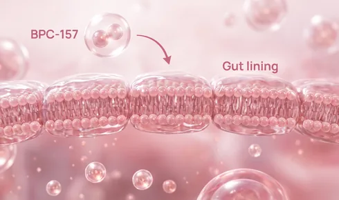Stylized illustration of a row of cells joined edge to edge across the frame, each one walled by a beaded double layer, with a rounded molecule labelled BPC-157 approaching along a curved arrow and the row tagged Gut lining.