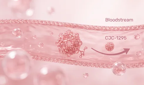 Stylized illustration of the inside of a beaded vessel with a large beaded carrier protein drifting in it and a much smaller beaded molecule on it, tagged Bloodstream, with a beaded round molecule labelled CJC-1295 travelling along a curved arrow.