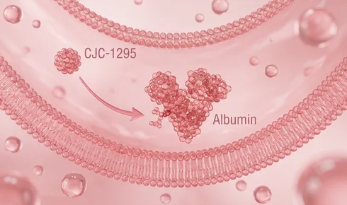 Stylized illustration of the inside of a blood vessel with a large beaded carrier protein drifting in it, tagged Albumin, and a smaller beaded molecule labelled CJC-1295 latching on to it along a curved arrow.