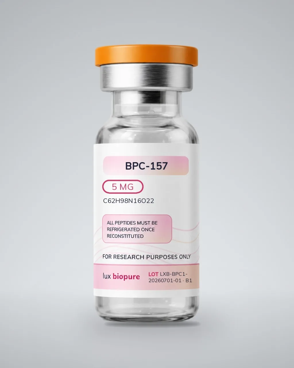 BPC-157 vial standing upright on a plain pale grey ground, label facing forward