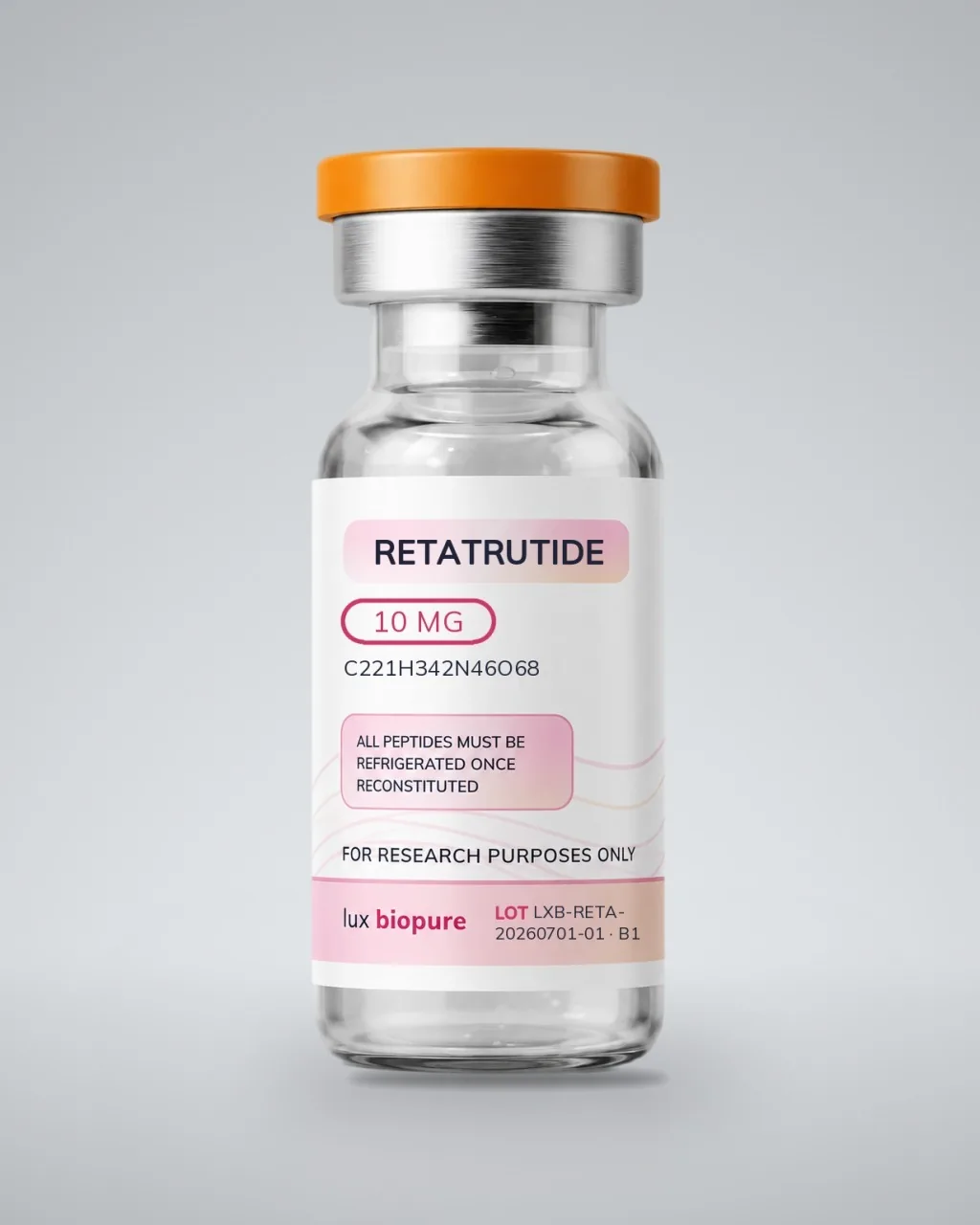 Retatrutide vial standing upright on a plain pale grey ground, label facing forward