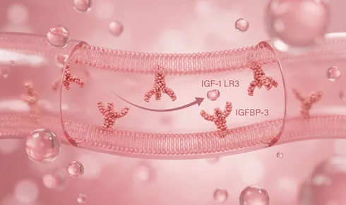 Stylized illustration of the inside of a blood vessel with several Y-shaped carrier proteins drifting in it, tagged IGFBP-3, and a small round molecule labelled IGF-1 LR3 slipping past them along a curved arrow.