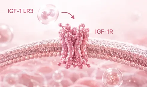 Stylized illustration of the IGF-1 receptor threaded through a curved cell membrane, tagged IGF-1R, with a rounded molecule labelled IGF-1 LR3 approaching it along a curved arrow.