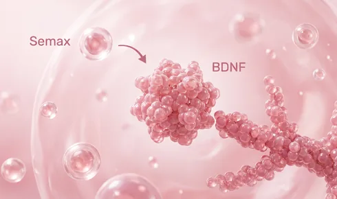 Stylized illustration of a knobbly round molecule inside a cell, tagged BDNF, sitting beside a branching arm of a brain cell, with a smaller rounded molecule labelled Semax approaching along a curved arrow.