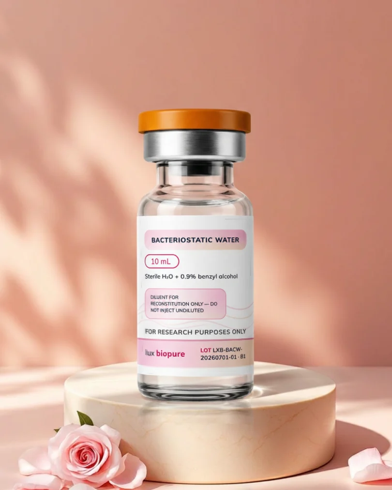 Bacteriostatic water vial upright on a stone riser, label legible
