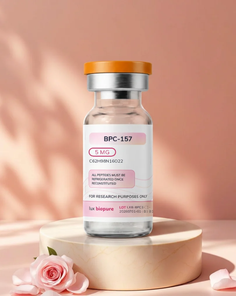 BPC-157 5mg vial upright on a stone riser, label legible