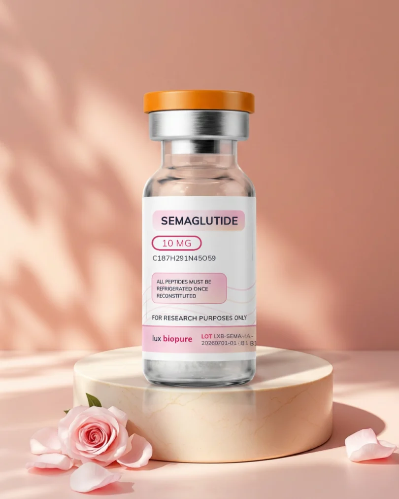 Semaglutide 10mg vial upright on a stone riser, label legible