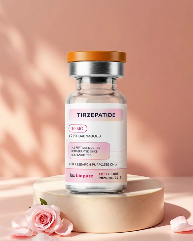 Tirzepatide 10mg vial upright on a stone riser, label legible