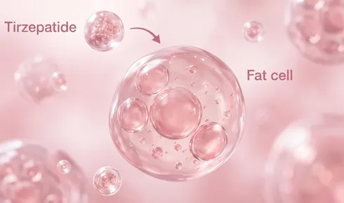 Stylized illustration of a large rounded fat-storing cell holding four round droplets inside it, tagged Fat cell, with a rounded molecule labelled Tirzepatide arriving along a curved arrow.